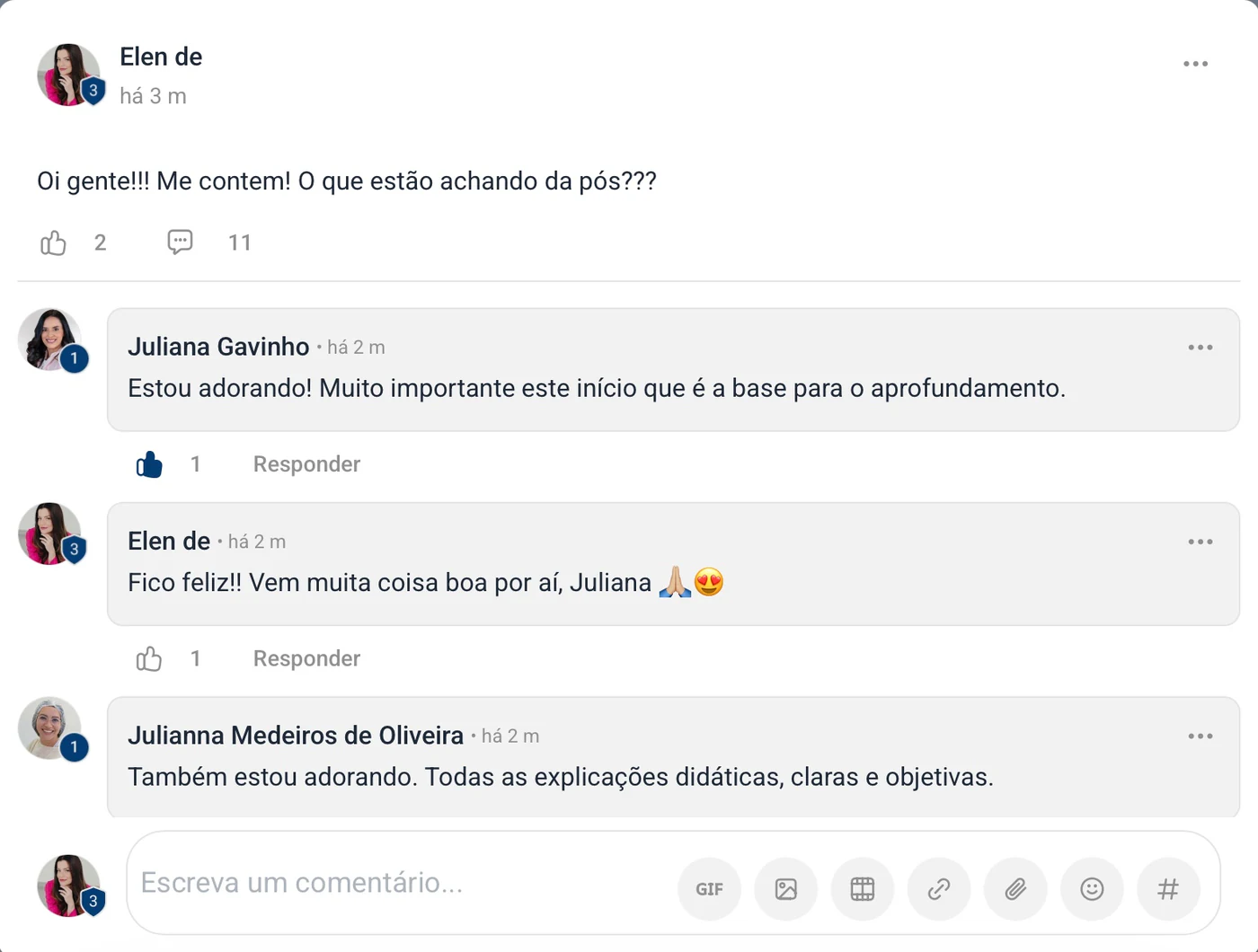 Alunas comentando na Comunidade Pós Estomatologia sobre o que estão achando da pós